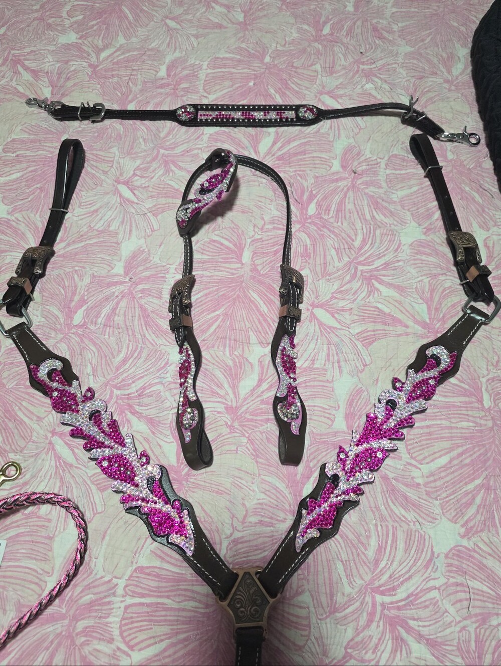 Pink Rhinestone Braided Headstall , Breast Collar, Wither Strap. New- Full Size